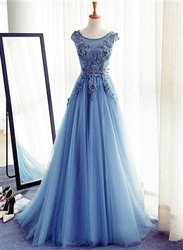 Picture of Blue Round Neckline Long Applique Elegant Senior Formal Dresses, Long Party Gowns